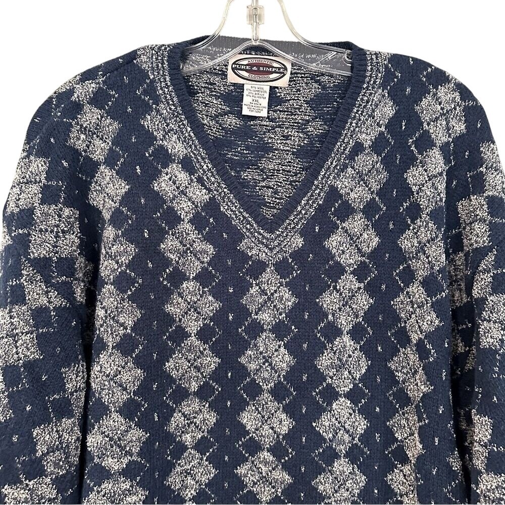 Authentic Pure and Simple Clothing Wool Blend Argyle Men's Sweater 2XL Navy